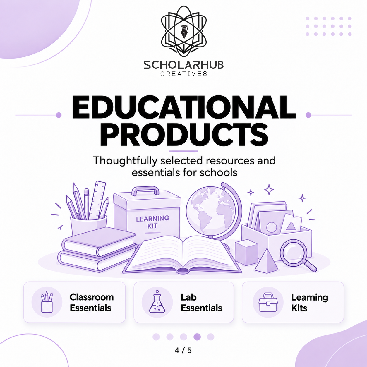Illustrated books, a globe, classroom stationery and a learning kit