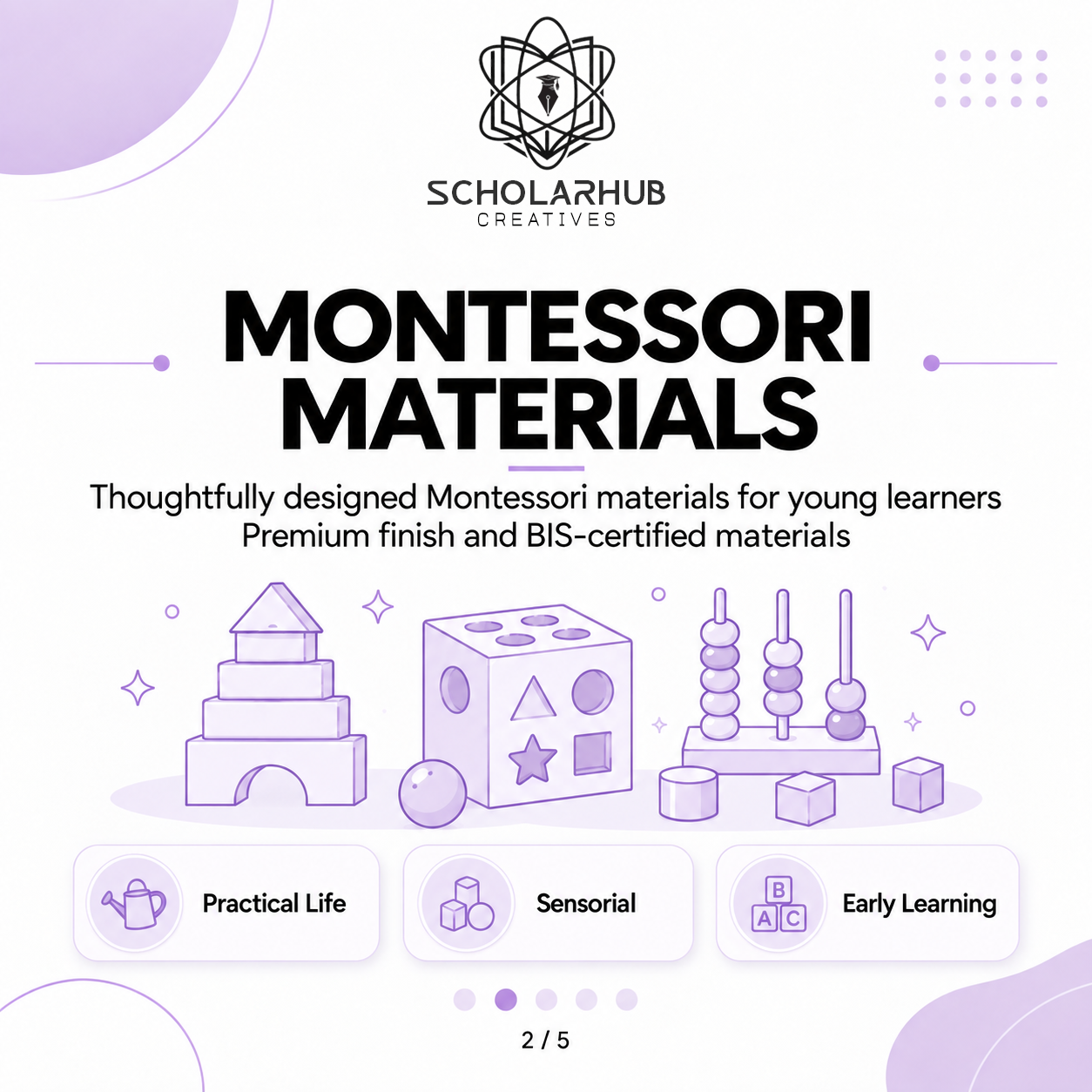 Lavender illustrations of stacking blocks, a shape sorter and counting beads